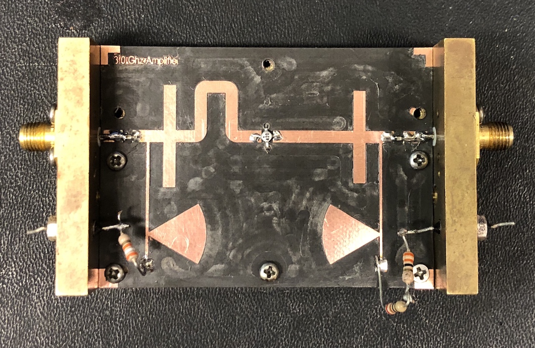 Fully implemented 3.0 Ghz Microwave Amplifier inside test jig.